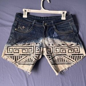 KRAUS  Denim Shorts Aztec Tribal Print Frayed Streetwear Hot Shorts Blue White